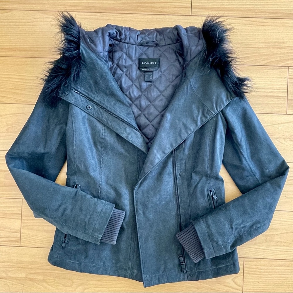 Danier Grey Leather Moto Jacket w/ Hood 3XS/3PT
